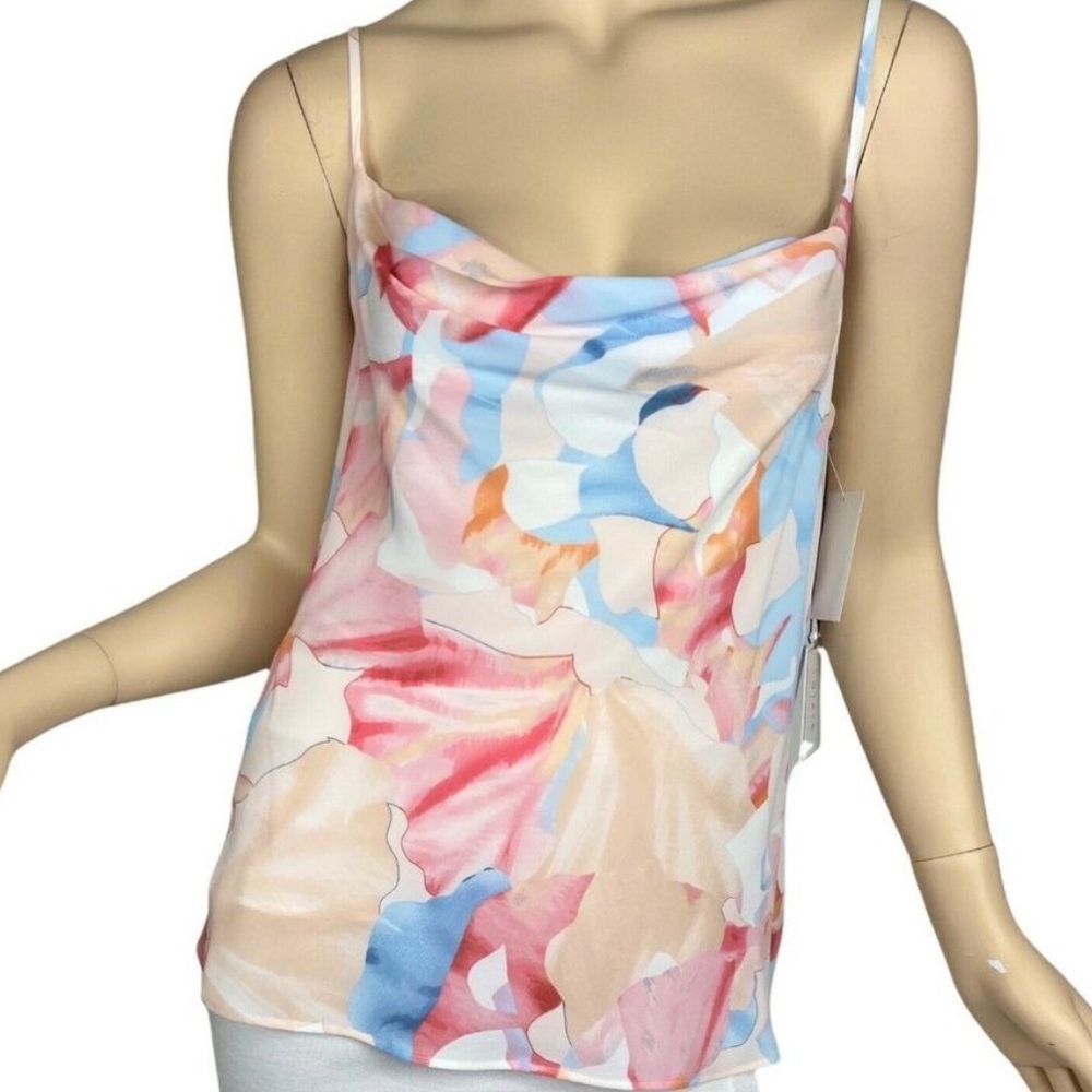 1.STATE Cowl Neck Cami Tank Top Draped Open Back Watercolor Pastel Print Floral